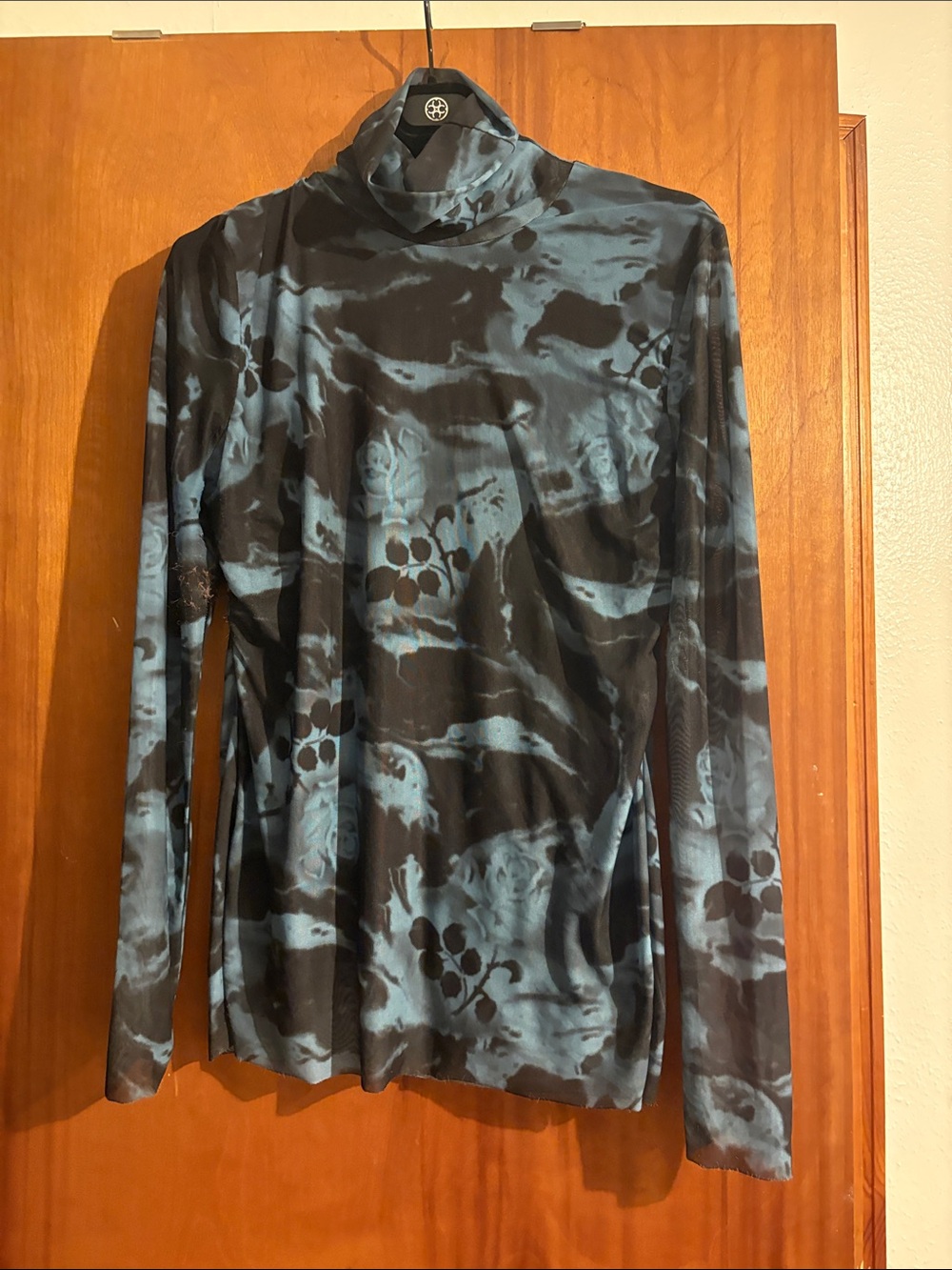 Ganni Blue and Black Long-Sleeve Mesh Turtleneck Tee